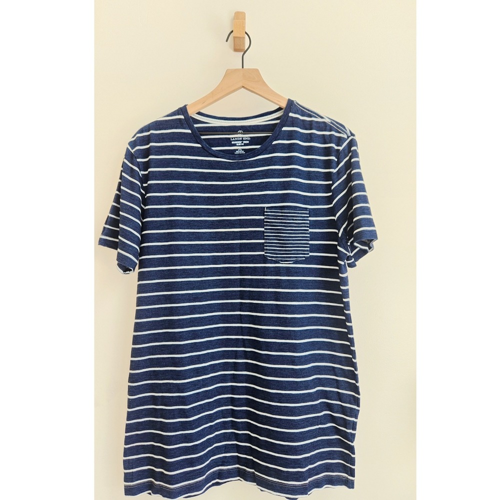 Lands' End Mens Striped Slim Fit Seaworn Pocket Tee Blue T-Shirt Large Nautical